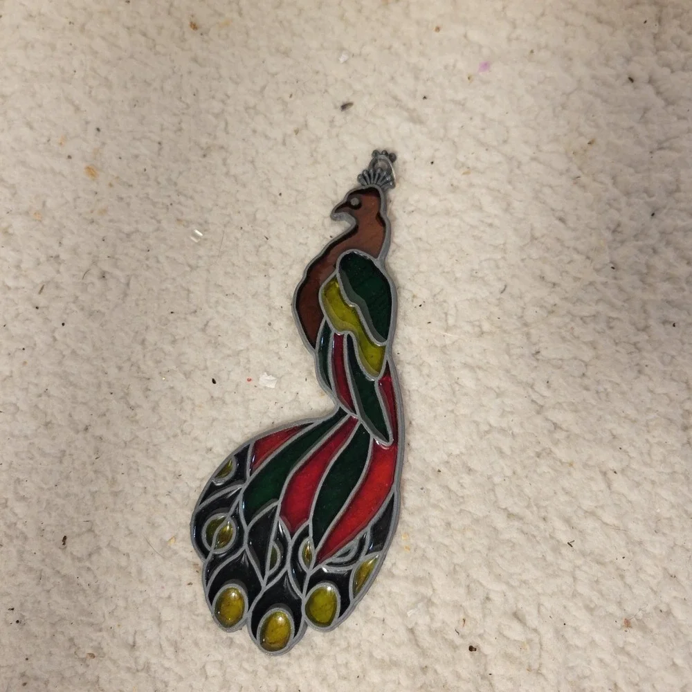 Peacock Suncatcher Window Hanging Faux Stained Glass Multicolor Bird 7 Inch